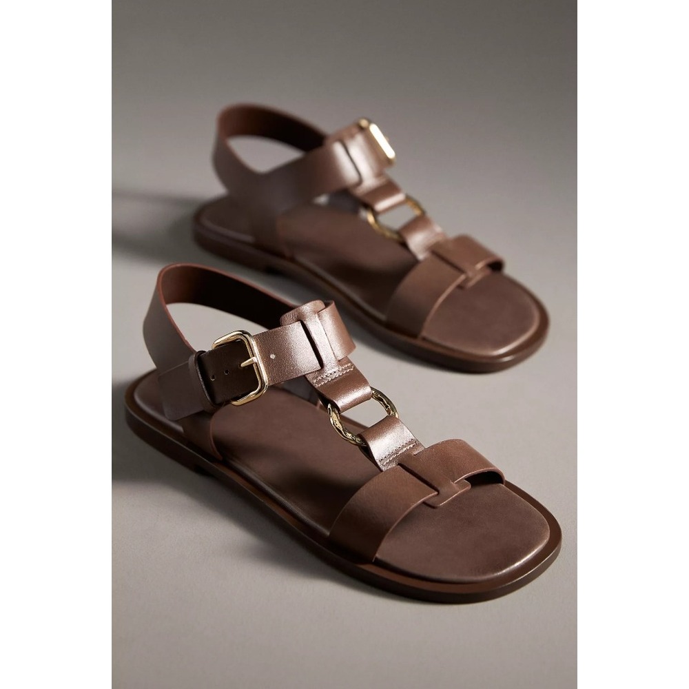 Anthropologie Leather Gladiator Sandals Women 38 Brown‎ Gold Ring Buckle Strap